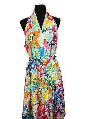 Lauren Ralph Lauren Multicolor Halter Maxi Dress Size 14 100% Silk Floral Abstra